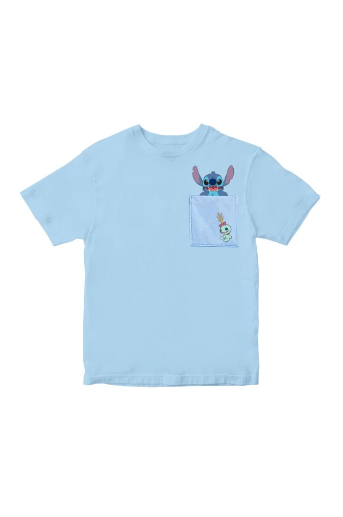 DISNEY 100 STITCH POCKET T-SHIRT - KIDS LIGHT BLUE M