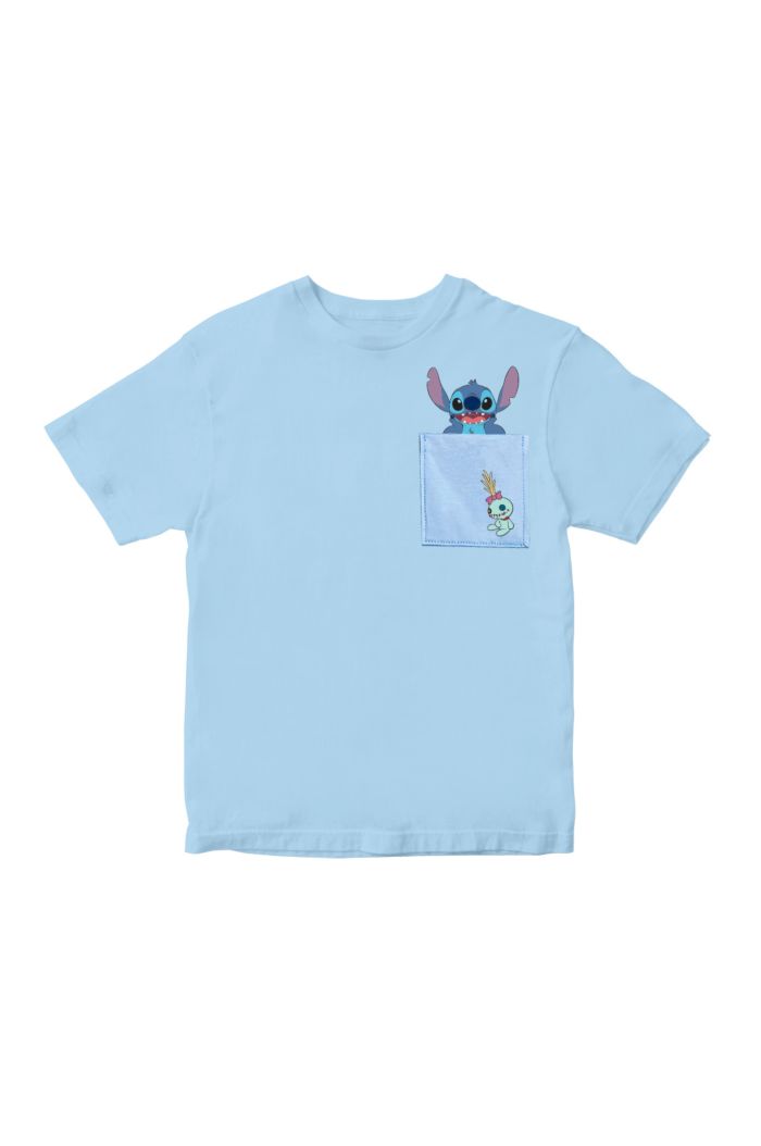 DISNEY 100 STITCH POCKET T-SHIRT - KIDS LIGHT BLUE XL