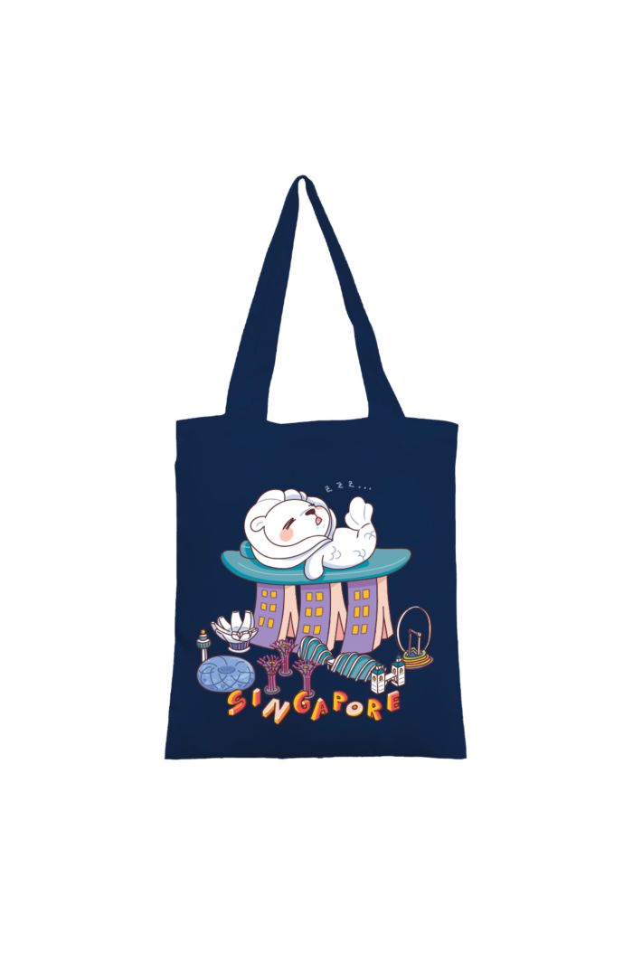 MR MERLION & FRIENDS SLEEPING CANVAS TOTE BAG NAVY 39cm x 35.5cm