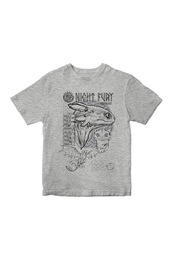 HTTYD NIGHT FURY STATS SKETCH T-SHIRT - KIDS HEATHER GREY S